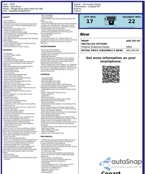 2015 Land Rover Range Rover Sport Hse z USA, uszkodzony, nr VIN SALWR2VF2FA607070